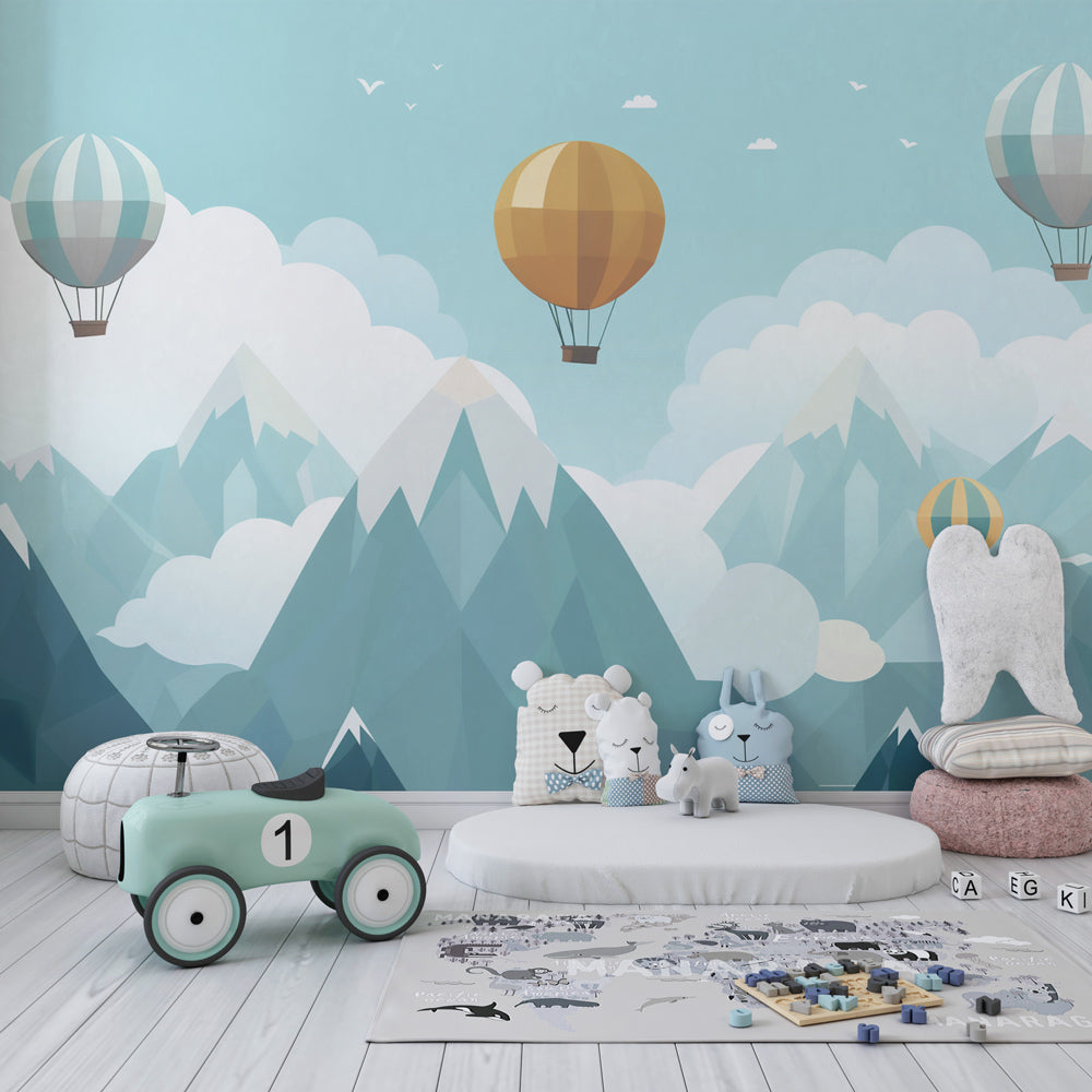 Kids-Mundo hot air balloon and mountain wall mural brightening a playful children's playroom.