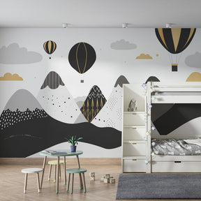 Hot air balloon wallpaper transforming modern kids bedroom with geometric mountain patterns