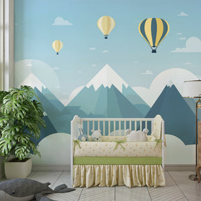 Blue sky adventure wallpaper creating dreamy children's bedroom atmosphere