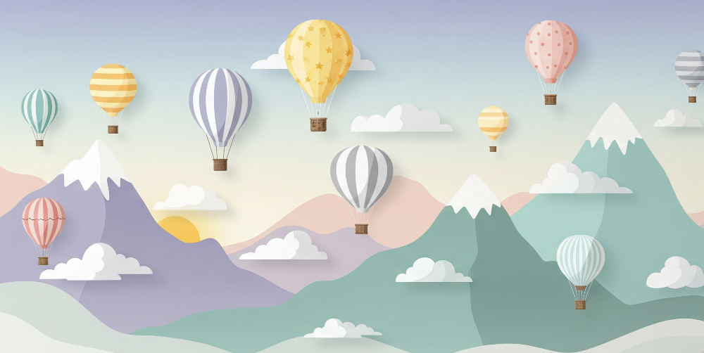 Kids-Mundo flat artwork of paper-cut mountains and hot air balloons at sunset