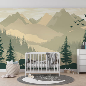 Forest adventure mural wallpaper creating cozy kids bedroom with mountain and bear motifs