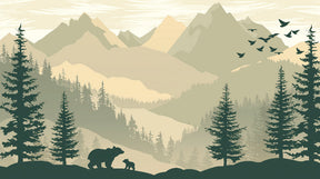 Detailed mountain bear forest mural wallpaper design pattern with evergreen trees by Kids-Mundo