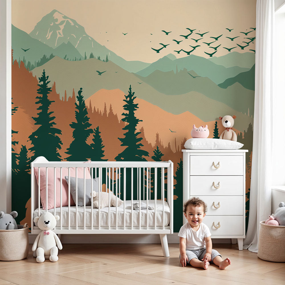 Mountain bear forest mural wallpaper in modern nursery room with natural wood furniture by Kids-Mundo