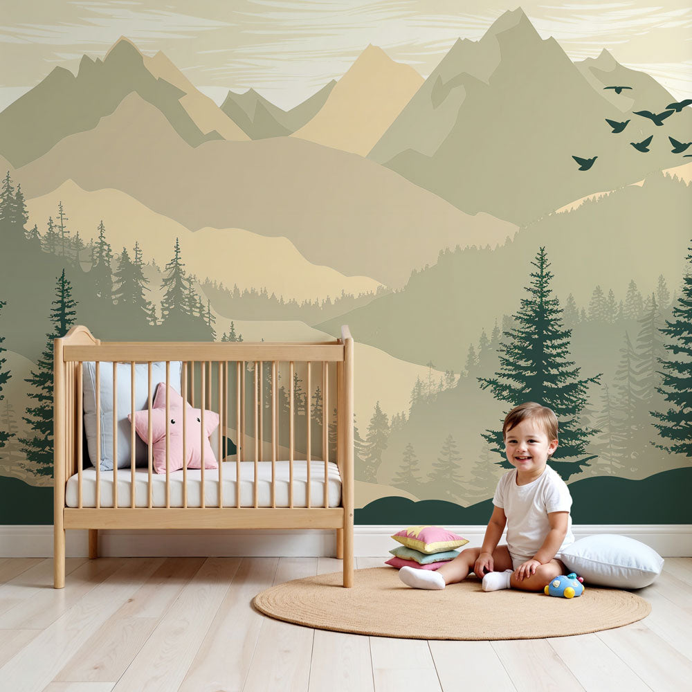 Mountain bear forest mural wallpaper in modern nursery with green woodland theme by Kids-Mundo