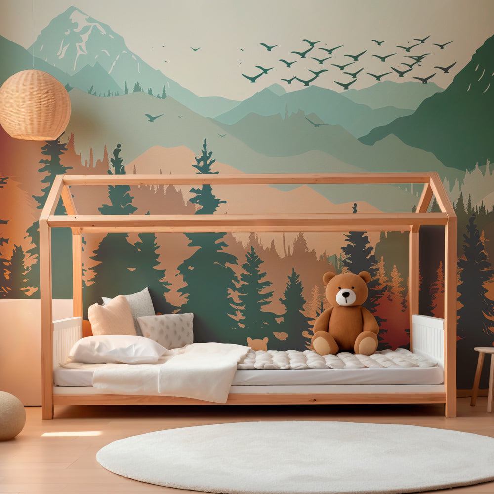 Green forest bear wallpaper transforming children's playroom into enchanted woodland adventure space
