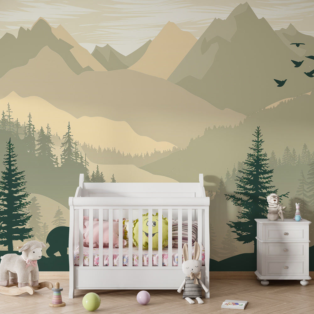 Woodland bear mural wallpaper transforming children's playroom with nature-inspired green tones