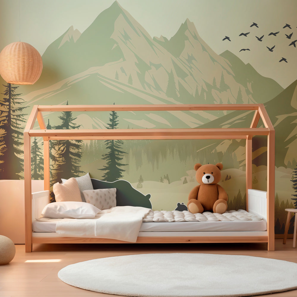Green forest adventure wallpaper creating peaceful kids bedroom atmosphere with bear family scene