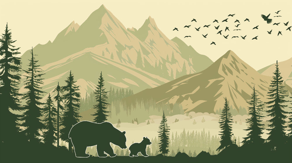 Detailed mountain bears forest mural wallpaper design pattern with green mountains and wildlife by Kids-Mundo