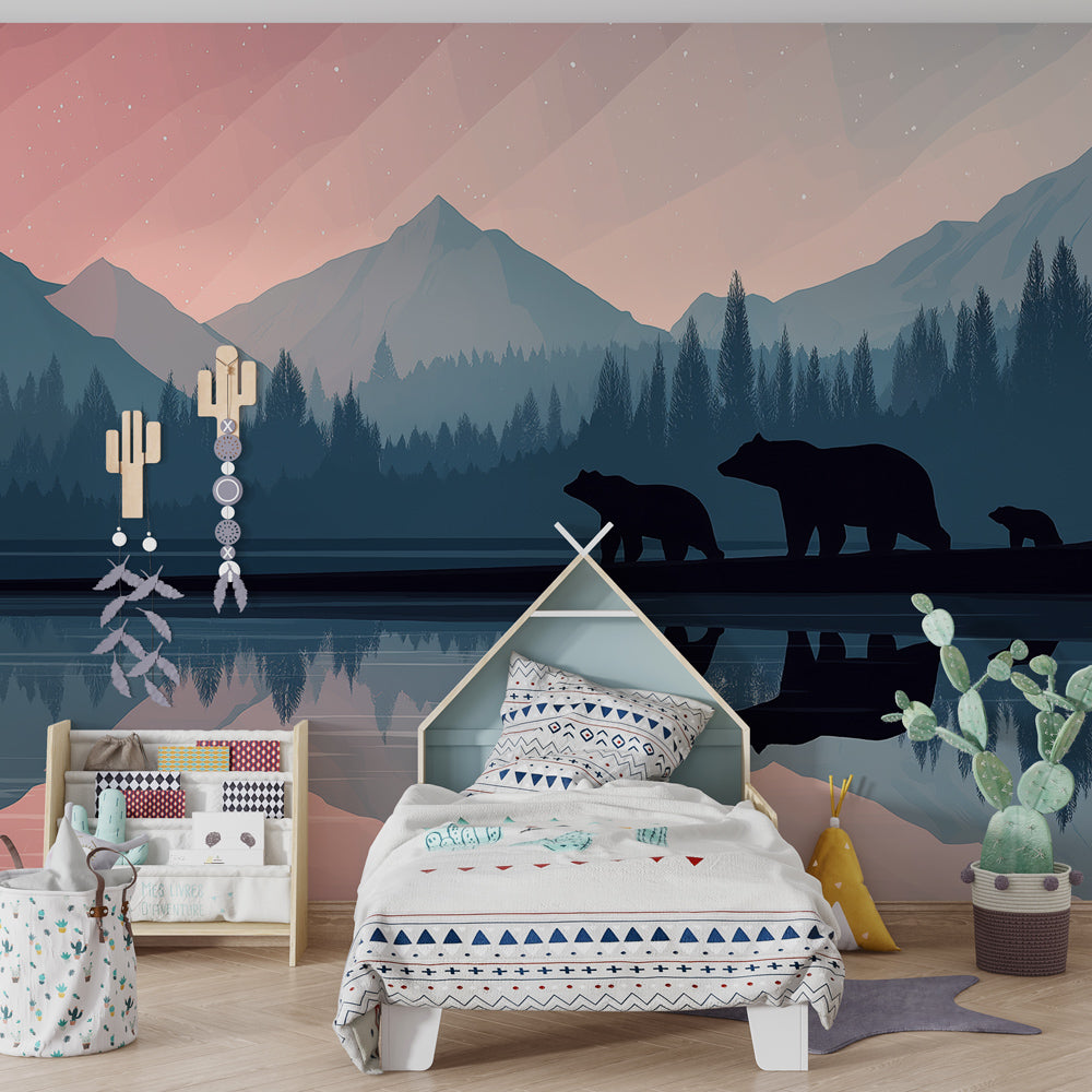 Bear mountain mural wallpaper with soft pink and blue tones in modern kids room