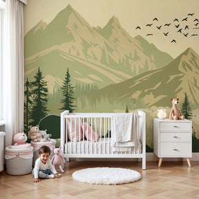 Mountain bears forest mural wallpaper in modern nursery with natural wood furniture by Kids-Mundo