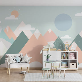 Dreamy mountain landscape wallpaper creating serene kids bedroom atmosphere with soft lighting