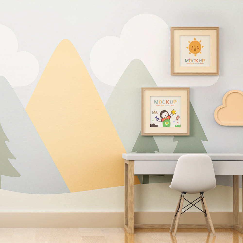 Pastel mountain wallpaper creating serene kids bedroom with cozy reading nook decor