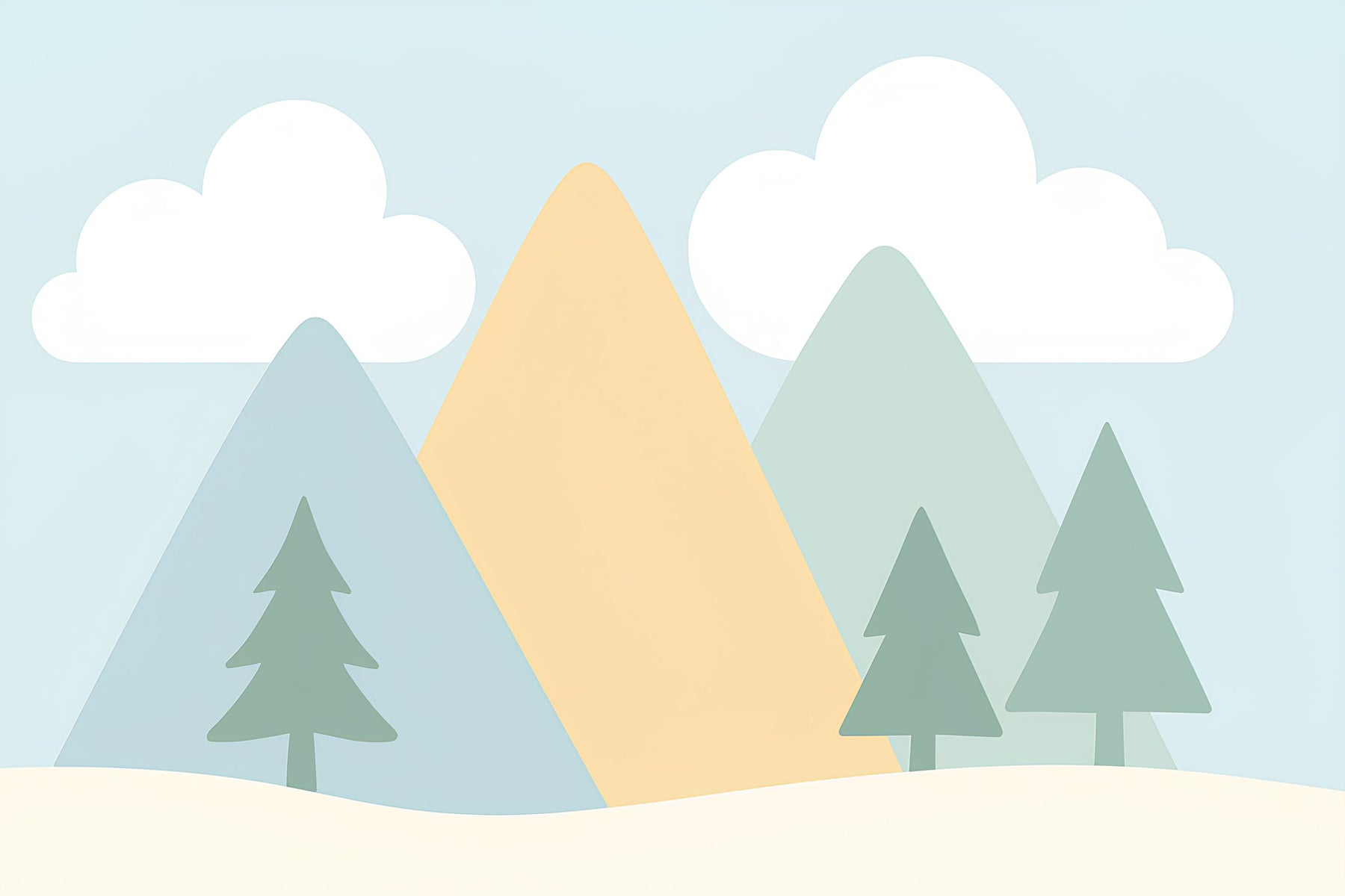 Detailed mountain clouds mural wallpaper design pattern with pastel peaks and fluffy clouds by Kids-Mundo