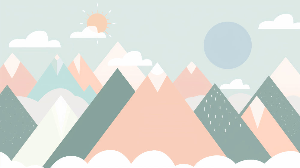 Detailed pastel mountain clouds mural wallpaper design pattern with sun and moon by Kids-Mundo