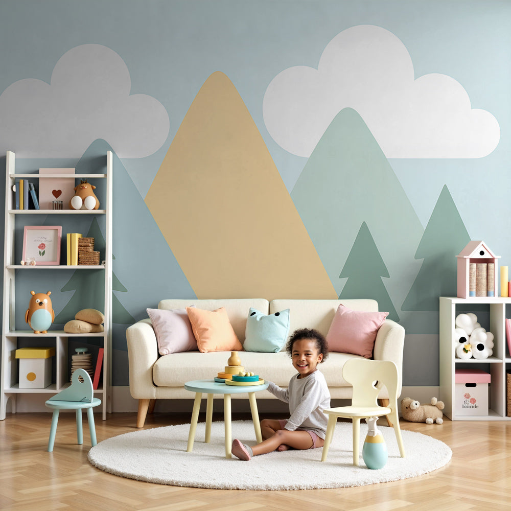 Soft mountain clouds mural wallpaper in modern nursery with natural wood crib by Kids-Mundo