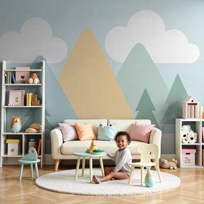 Soft mountain clouds mural wallpaper in modern nursery with natural wood crib by Kids-Mundo