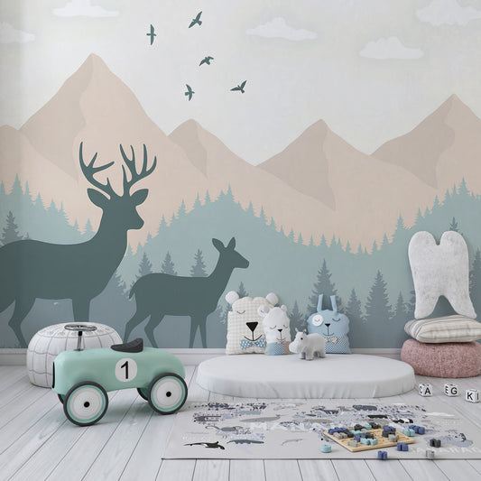 Kids-Mundo deer silhouette wall mural in a kids' bedroom with layered mountain peaks