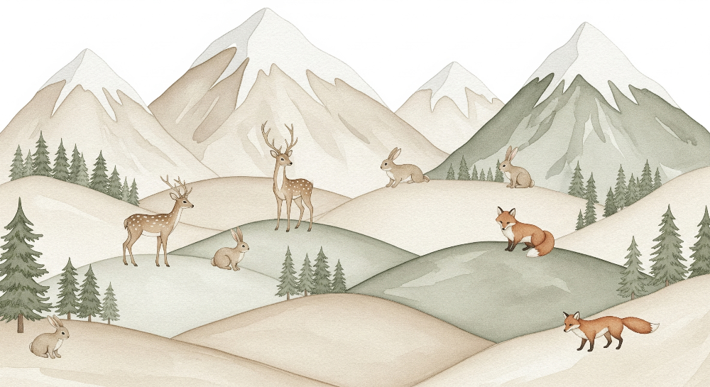 Kids-Mundo flat artwork of a watercolor mountain landscape mural with deer and foxes