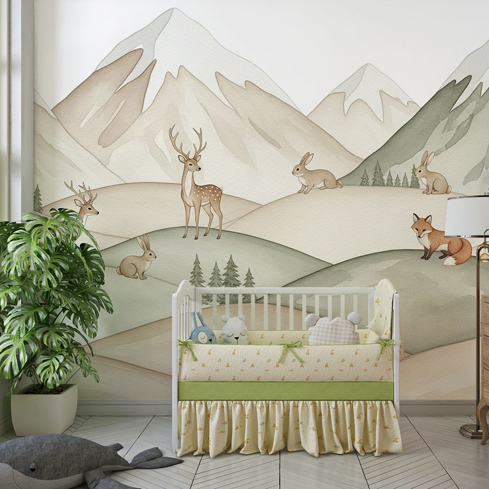 Kids-Mundo mountain and animal wall mural brightening a fun children's playroom