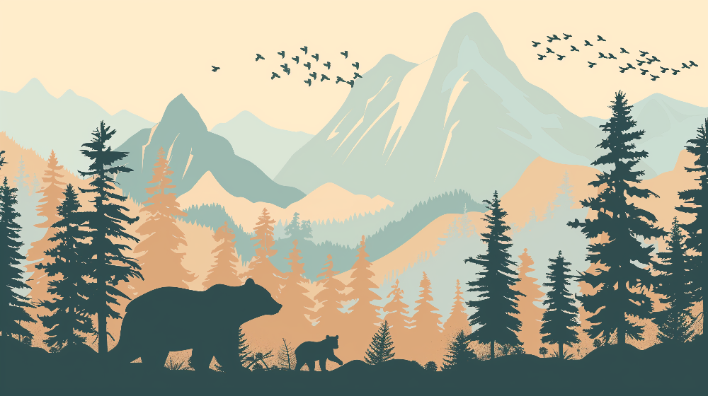 Kids-Mundo flat artwork of layered teal and terracotta mountains with a mother bear and cub.