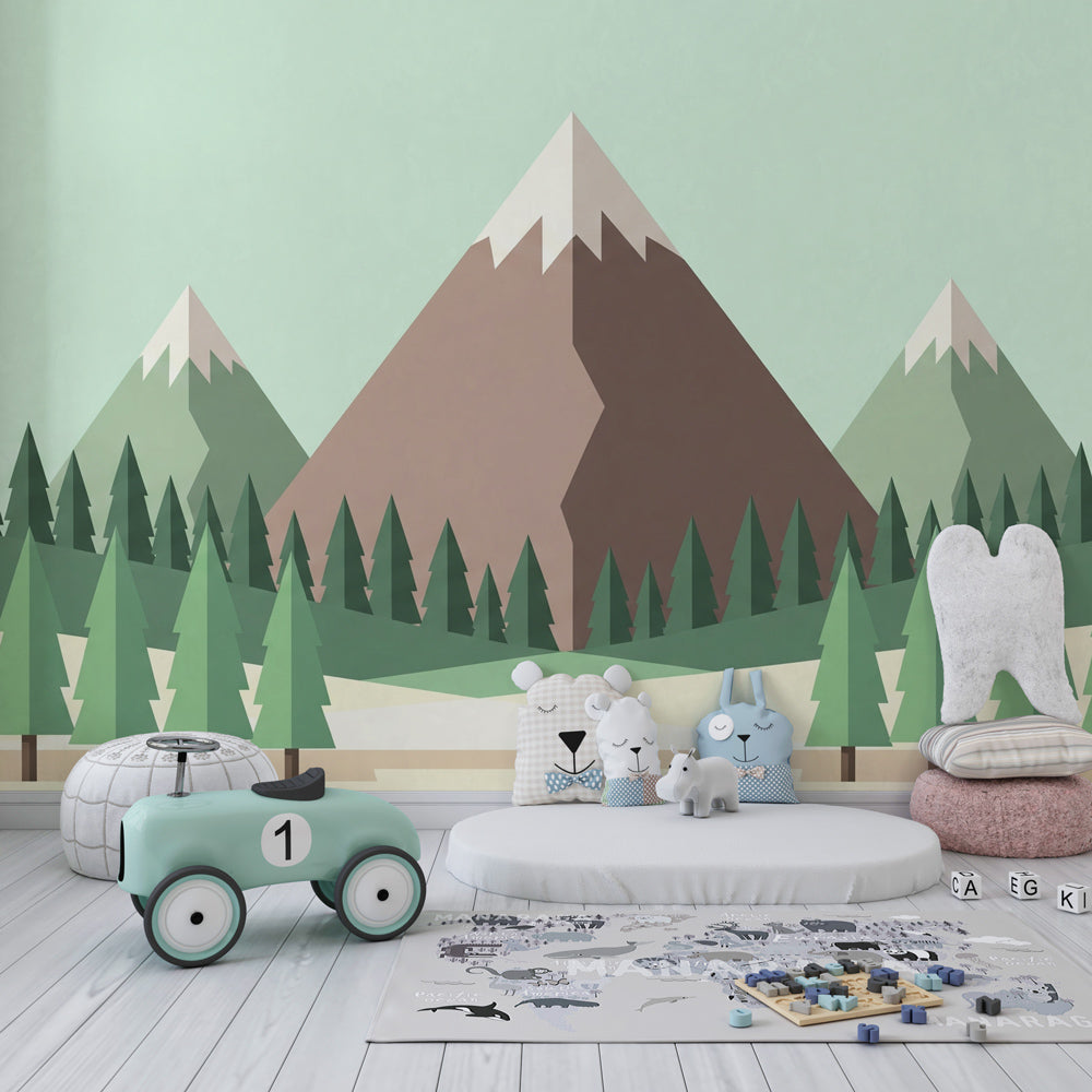 Geometric mountain wallpaper transforming modern kids bedroom with soft pastel tones and forest silhouettes