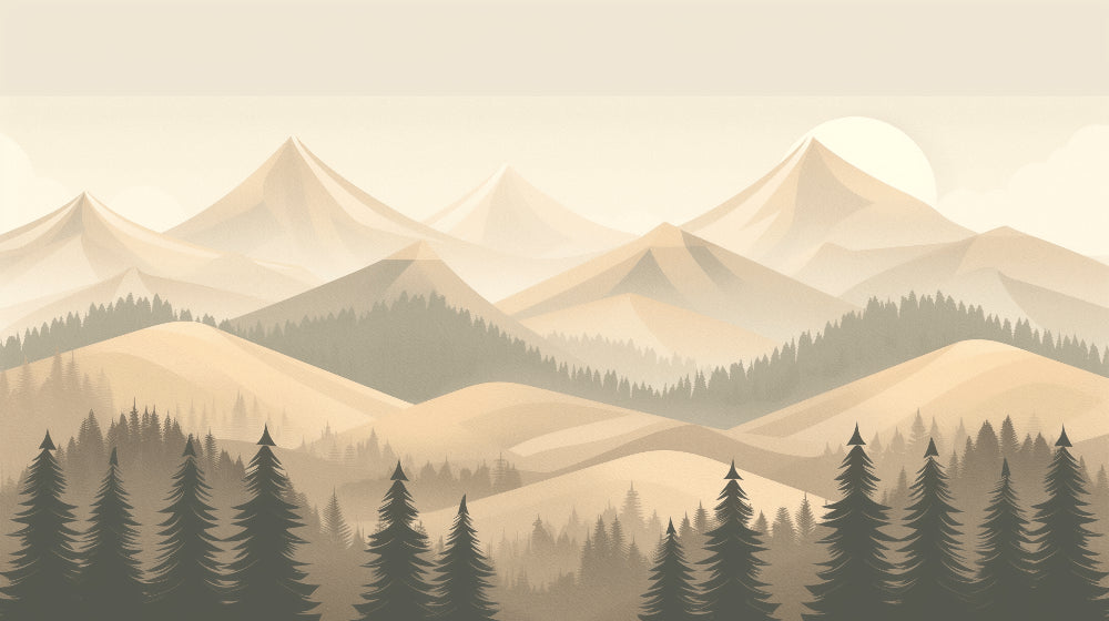 Detailed geometric mountain forest mural wallpaper design pattern with misty trees by Kids-Mundo
