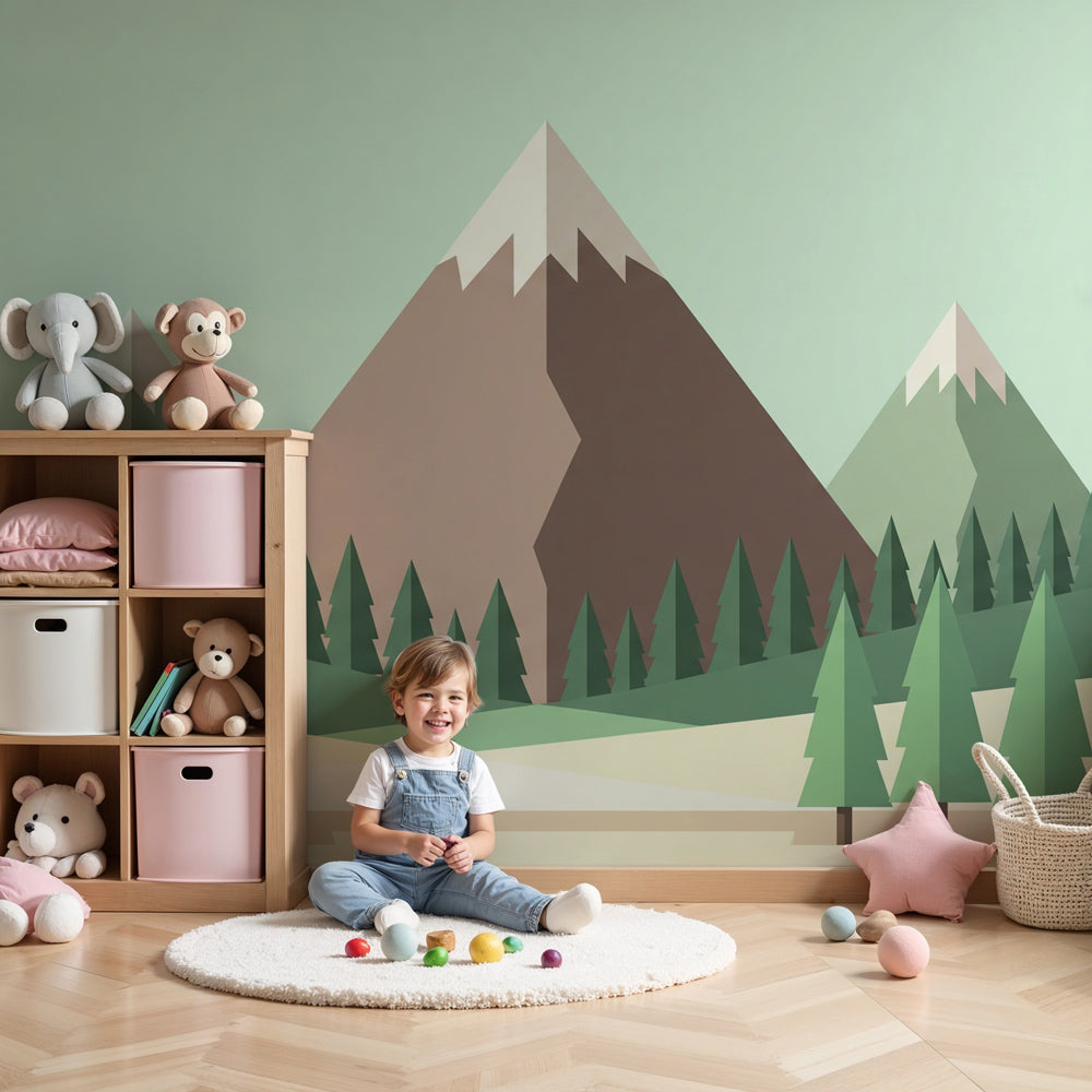 Mountain forest mural wallpaper creating peaceful nursery atmosphere with geometric nature design by Kids-Mundo