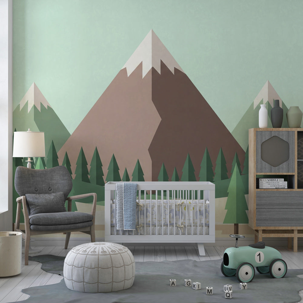 Nature-themed mural wallpaper featuring mountains and trees in contemporary children's playroom setting