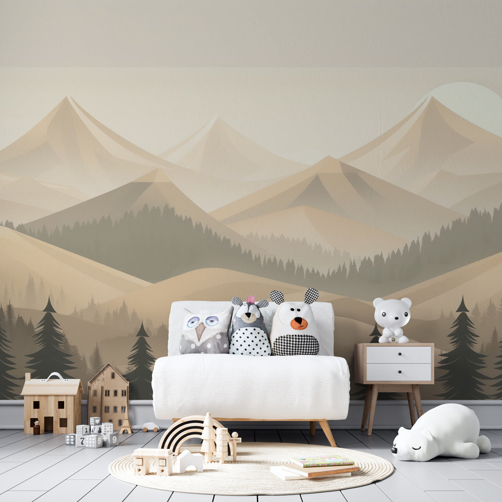 Beige geometric mountain forest wallpaper accent wall in modern kids playroom setting