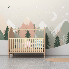 Mountain forest mural wallpaper transforming children's playroom with dreamy moonlit scene