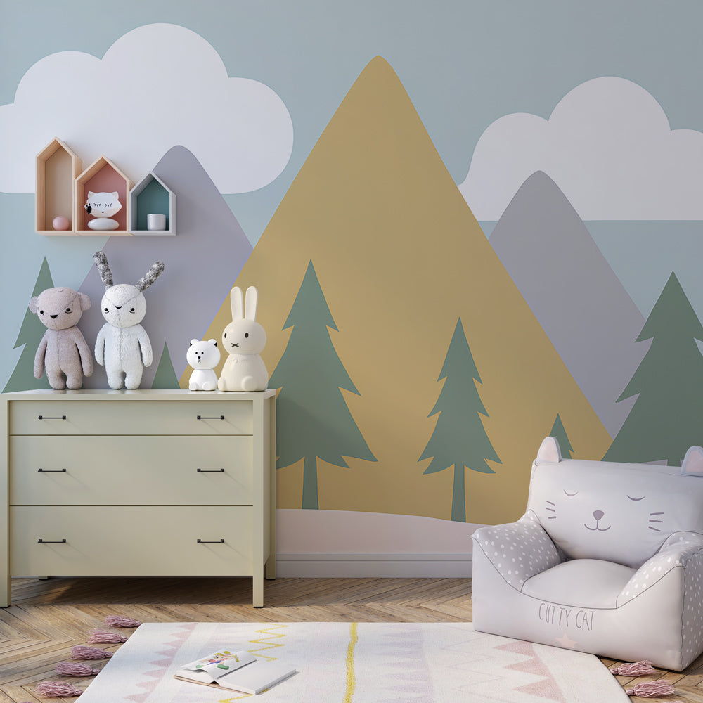 Nature-inspired mountain forest wallpaper transforming kids playroom into outdoor sanctuary