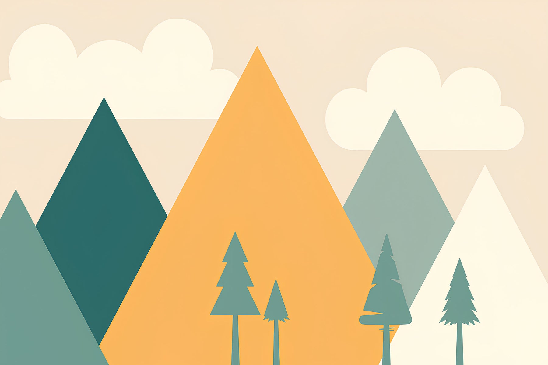 Detailed geometric mountain mural wallpaper design pattern with clouds and trees by Kids-Mundo
