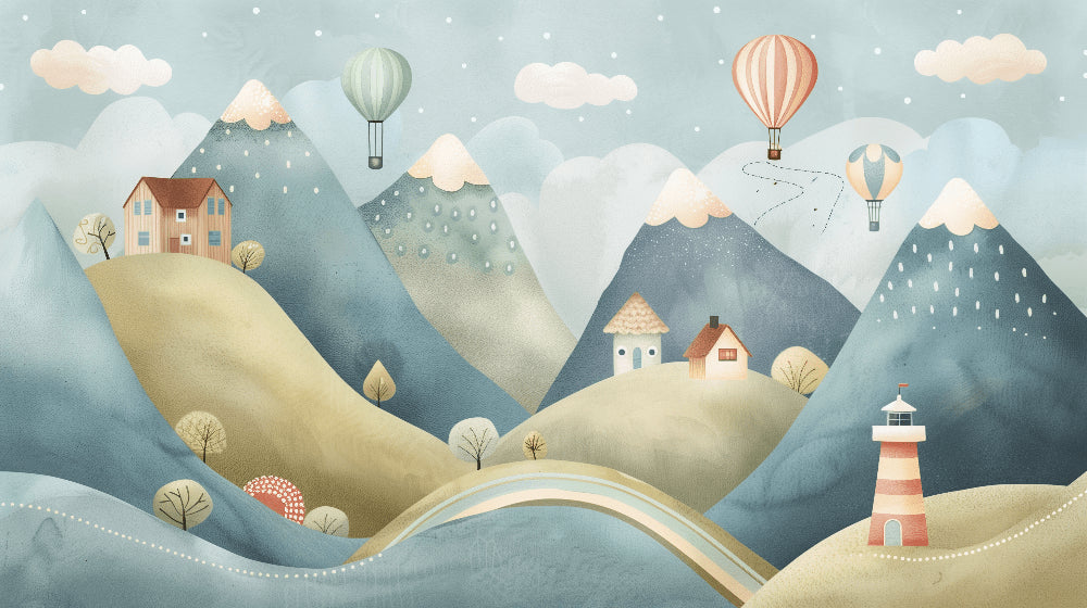 Detailed mountain and hot air balloon mural wallpaper design pattern by Kids-Mundo