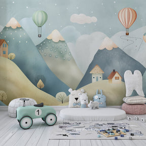 Colorful hot air balloon and mountain wallpaper transforming children's playroom