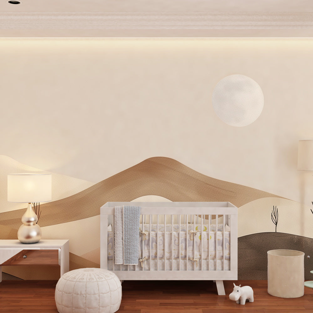 Minimalist mountain wallpaper creating serene atmosphere in baby's room with natural decor