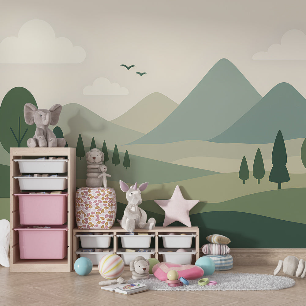 Nature-inspired mountain mural wallpaper transforming kids room into peaceful retreat