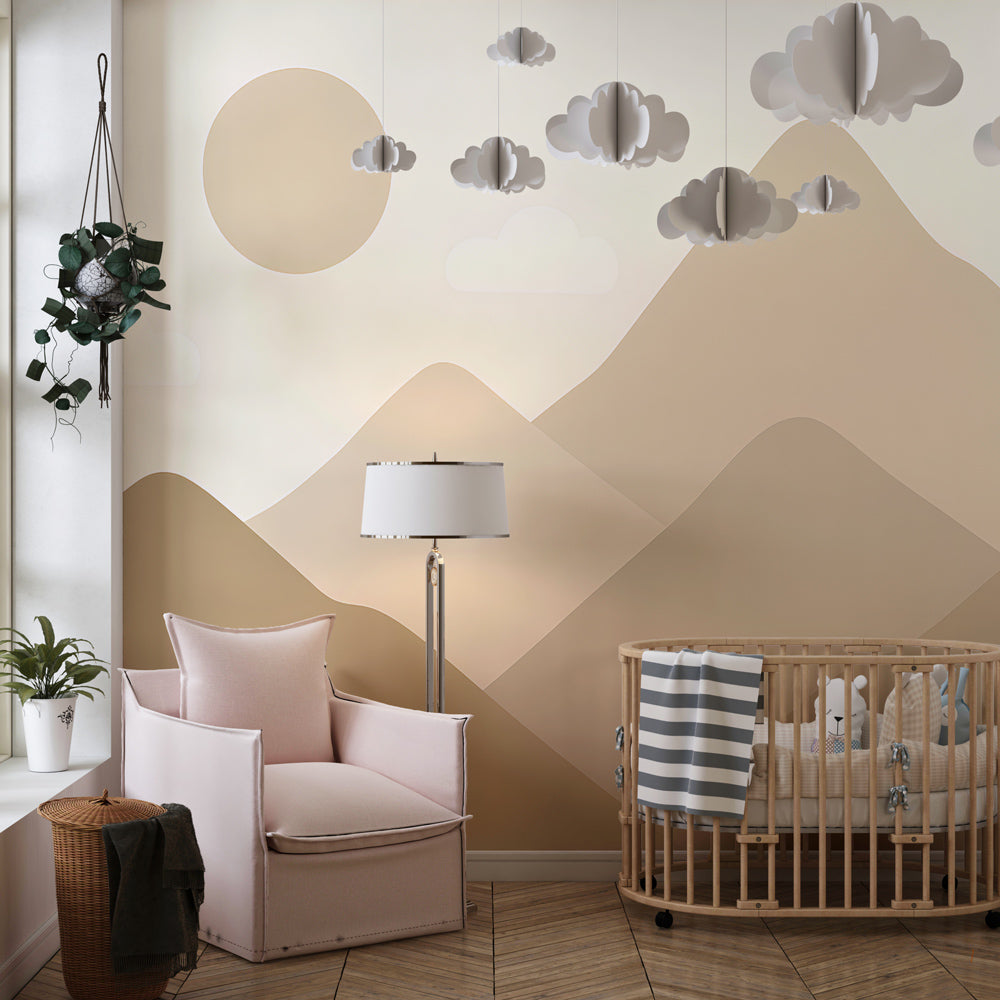 Mountain nature wallpaper paired with wooden furniture in modern kids room by Kids-Mundo