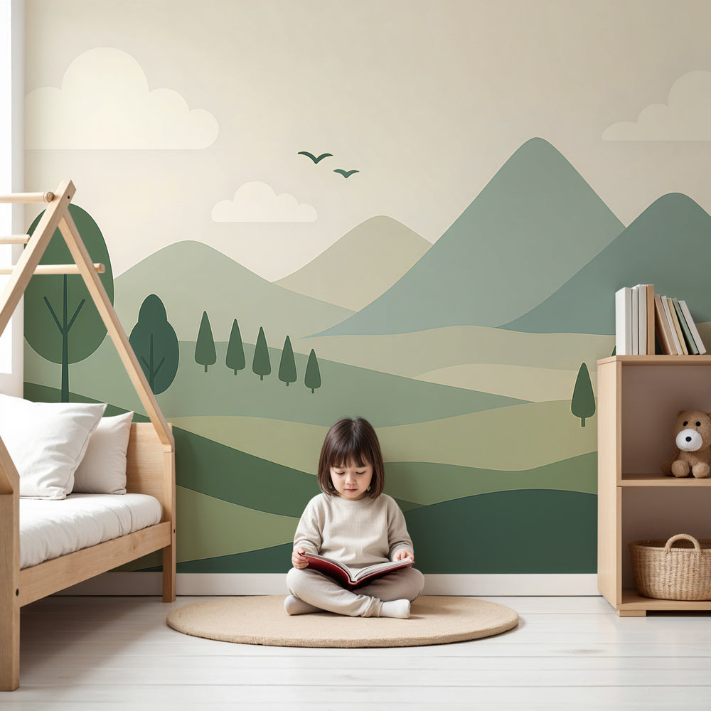 Mountain landscape mural wallpaper in peaceful nursery with natural wood furniture by Kids-Mundo
