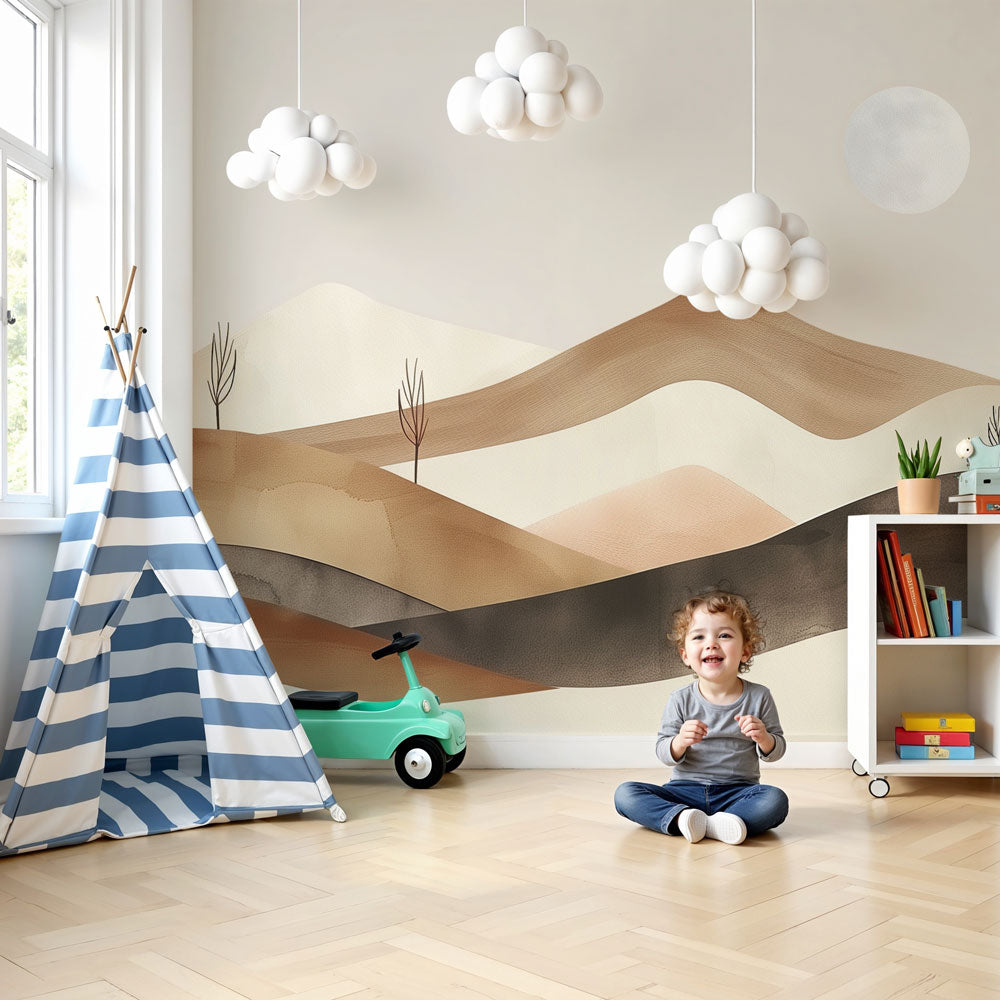 Mountain landscape mural wallpaper in modern nursery with earthy tones by Kids-Mundo