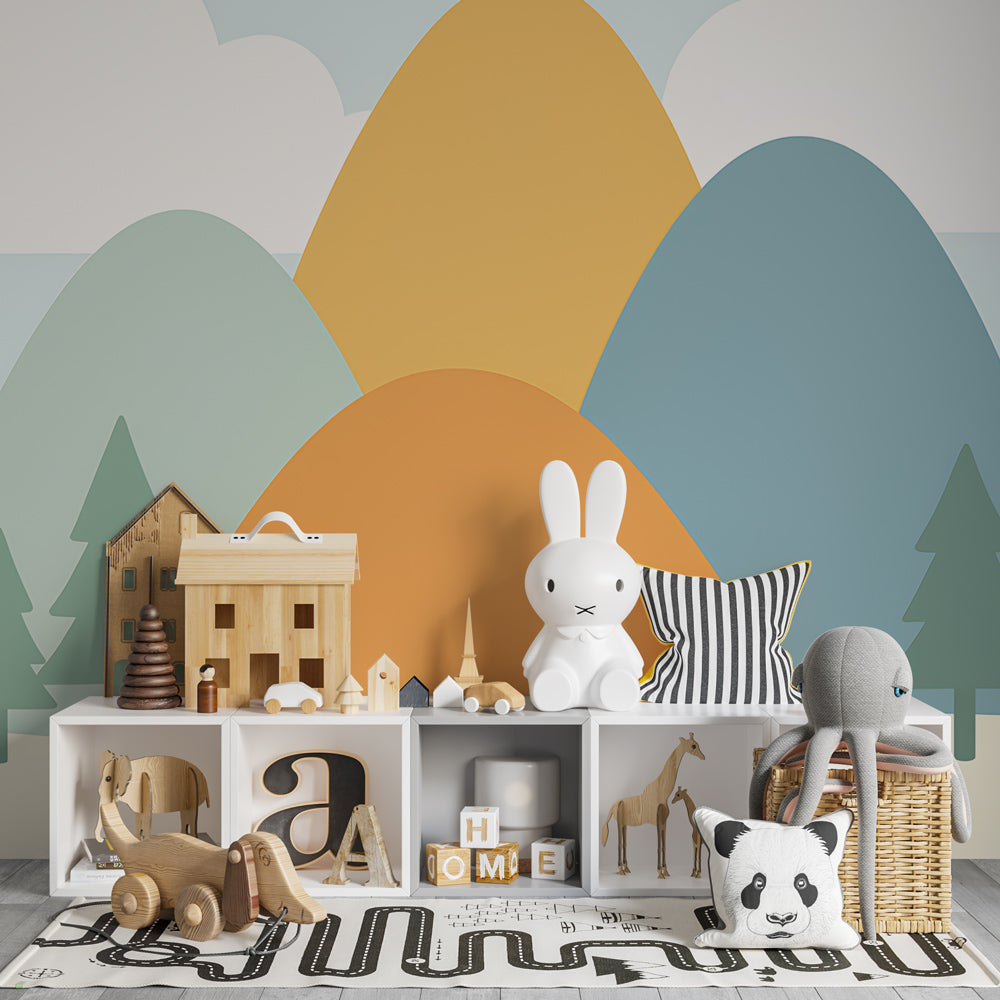 Nature-themed mountain wallpaper transforming children's playroom into peaceful outdoor adventure space