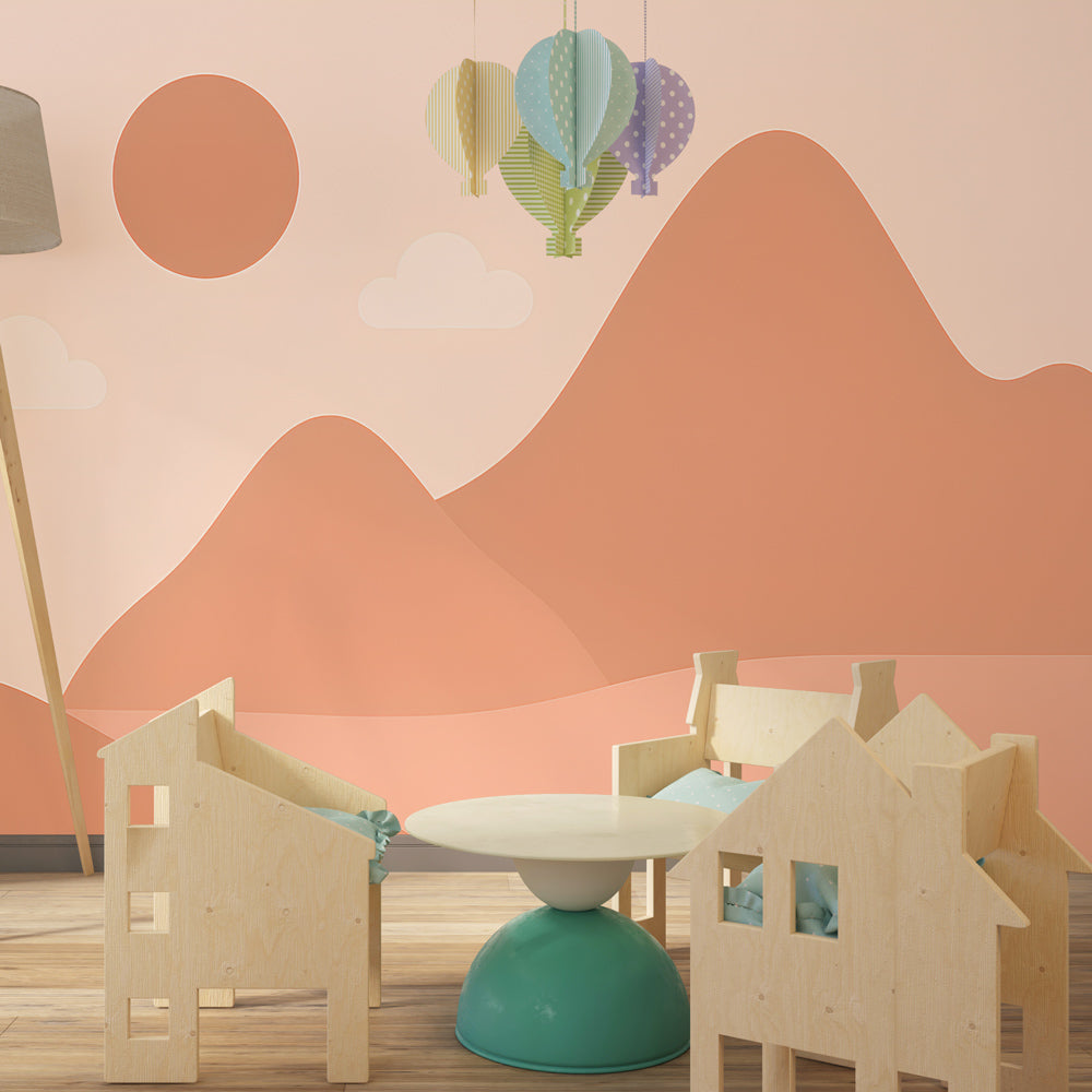 Mountain landscape wallpaper creating serene kids bedroom atmosphere with minimalist design