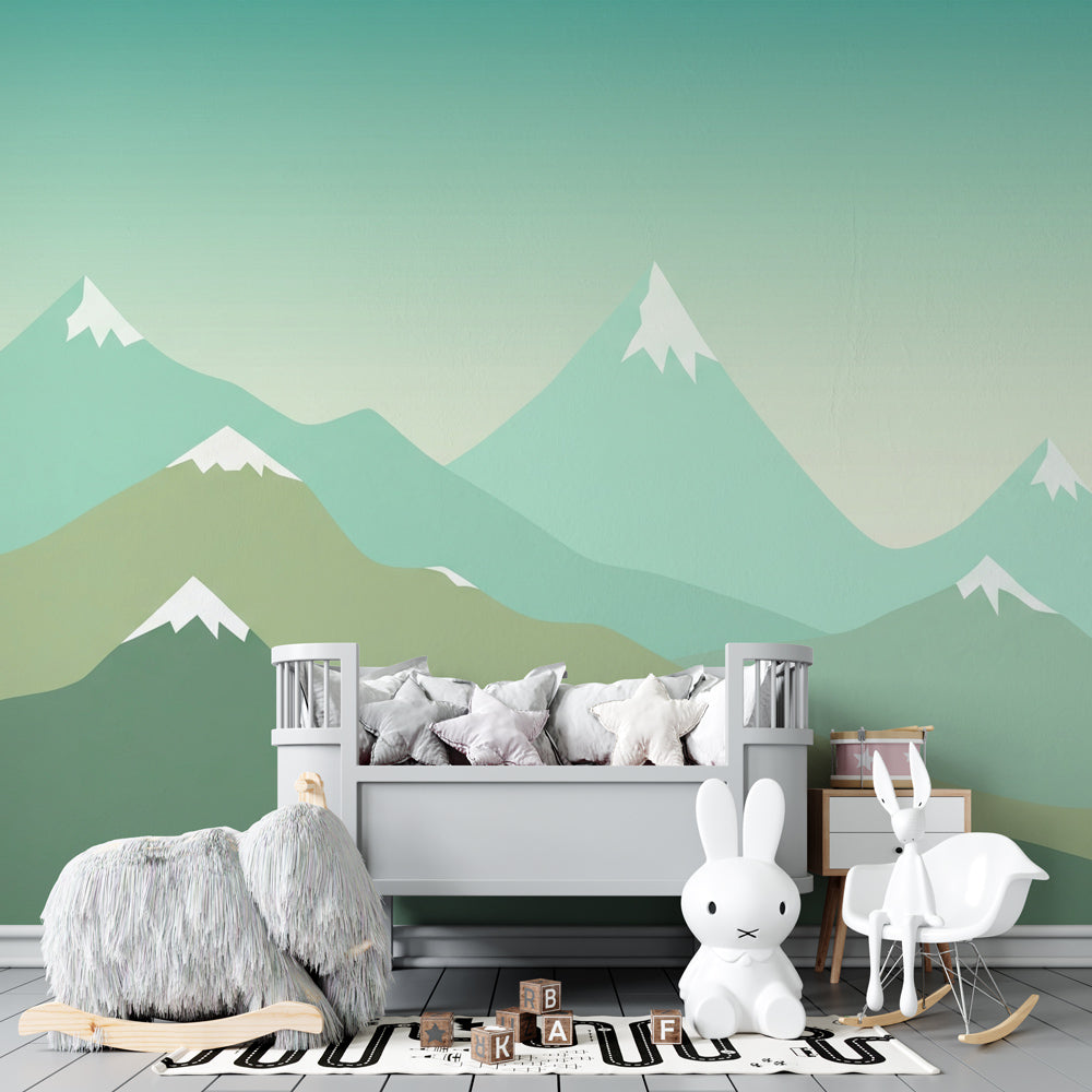 Serene mountain landscape wallpaper creating calming atmosphere in children's bedroom