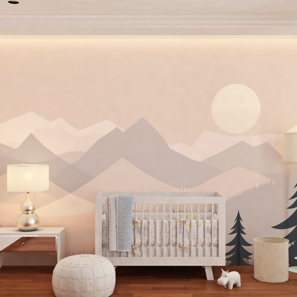 Beige mountain wallpaper creating peaceful kids bedroom decor with soft geometric peaks