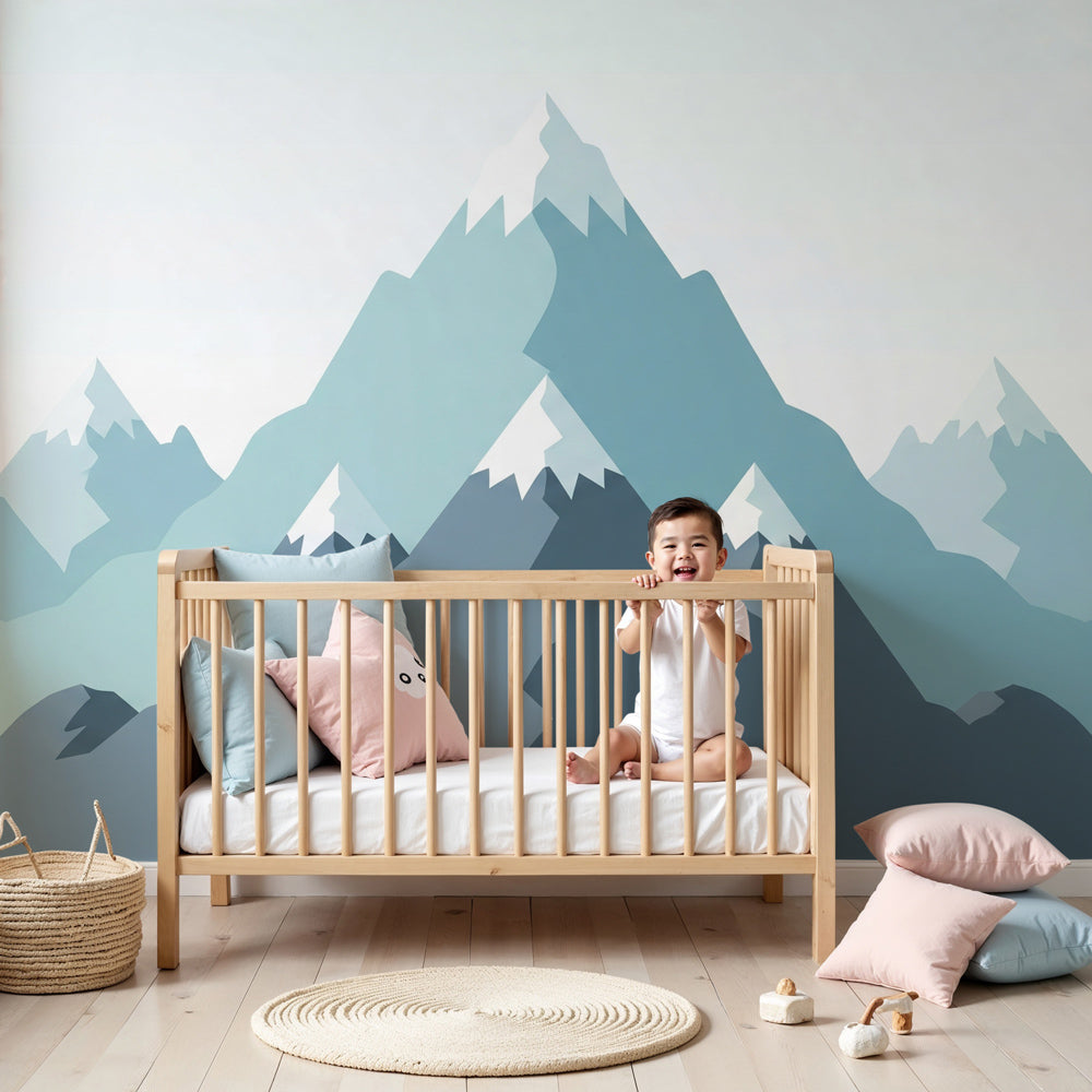 Minimalist mountain mural wallpaper in blue gray tones decorating modern nursery by Kids-Mundo