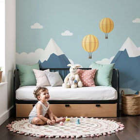 Blue mountain mural wallpaper with hot air balloons in modern nursery by Kids-Mundo