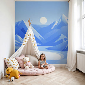 Blue mountain mural wallpaper with moon and river in modern nursery room by Kids-Mundo