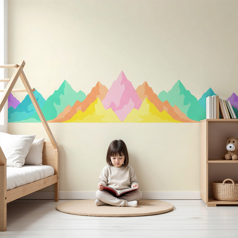 Colorful mountain mural wallpaper in modern nursery with vibrant peaks by Kids-Mundo