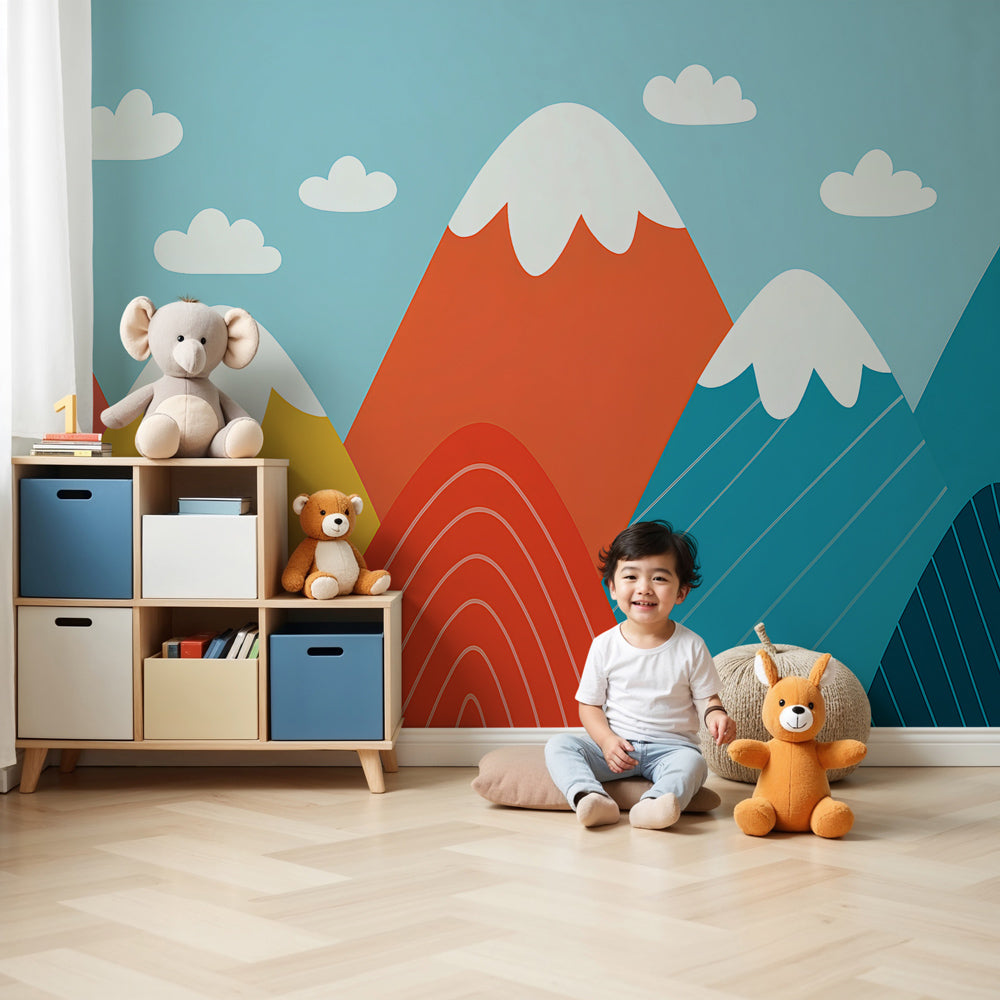 Colorful mountain mural wallpaper with clouds in modern kids bedroom by Kids-Mundo