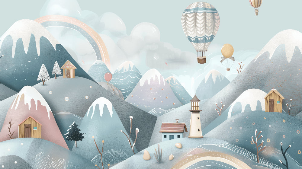 Detailed blue mountain and hot air balloon mural wallpaper design pattern by Kids-Mundo
