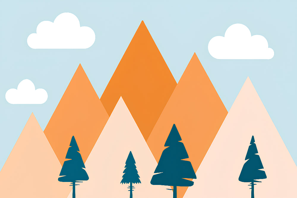 Detailed mountain landscape mural wallpaper design pattern with blue sky and orange peaks by Kids-Mundo